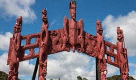 carved Maori totem in Paihia, New Zealand